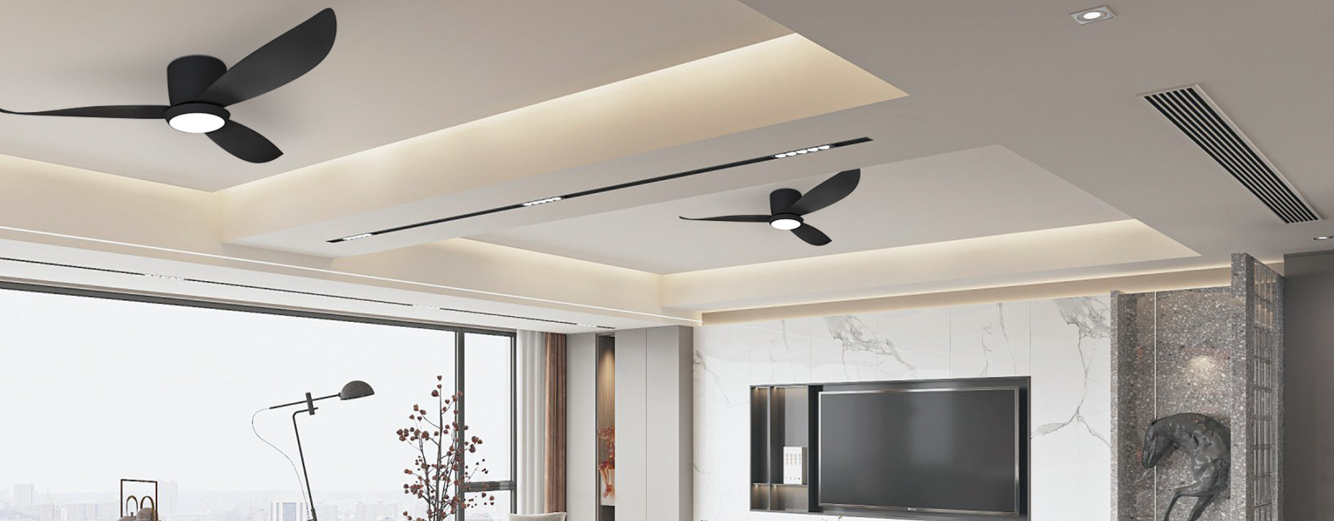 Black ceiling fan light living room usage scene