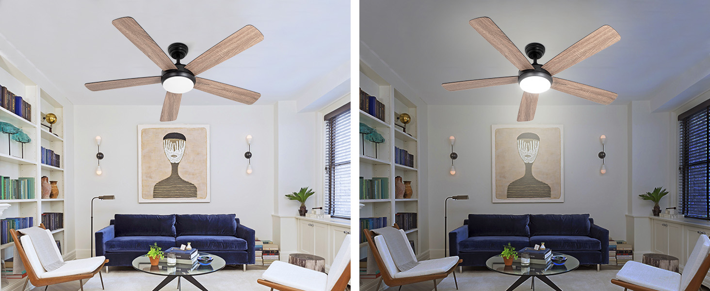 Comparación de ventiladores de techo de madera de día y de noche.