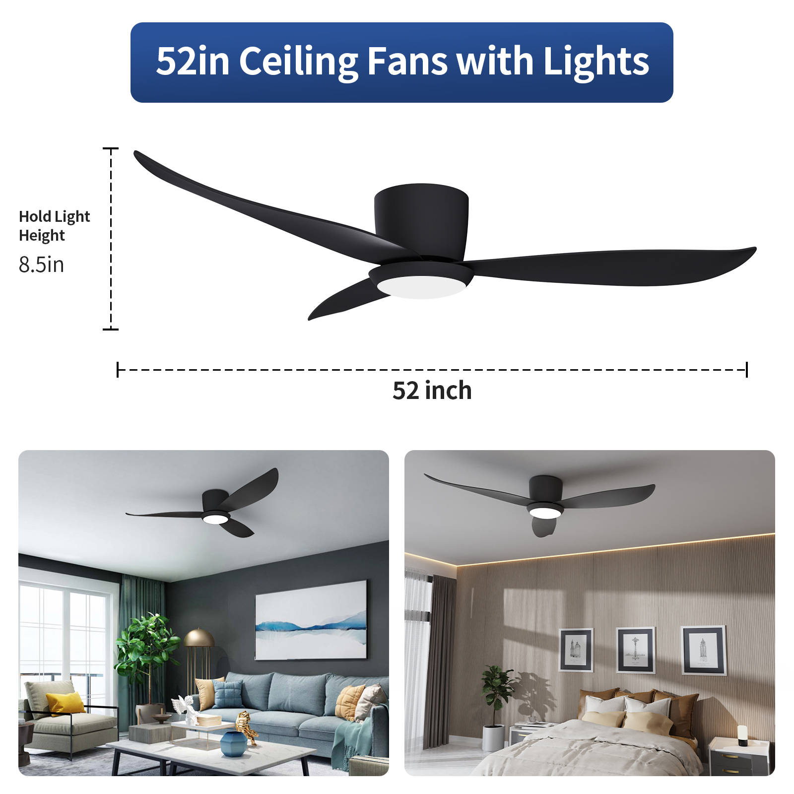 Negro 52'' 6 velocidades con ventiladores de techo para interiores y exteriores con control remoto
