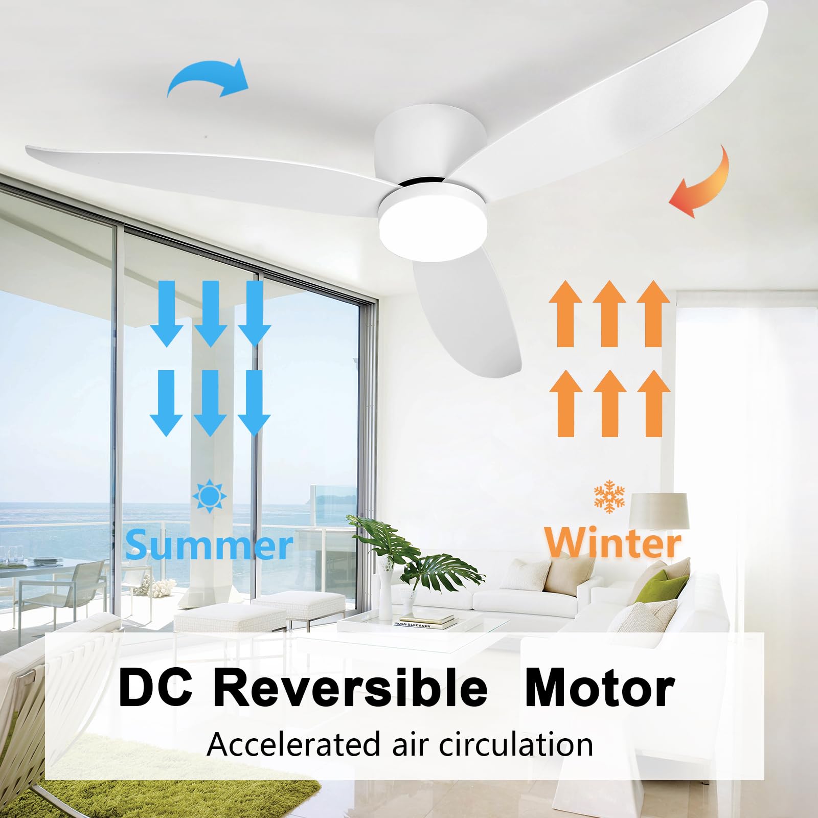 Moderno ventilador de techo blanco de perfil bajo de 52' con luz