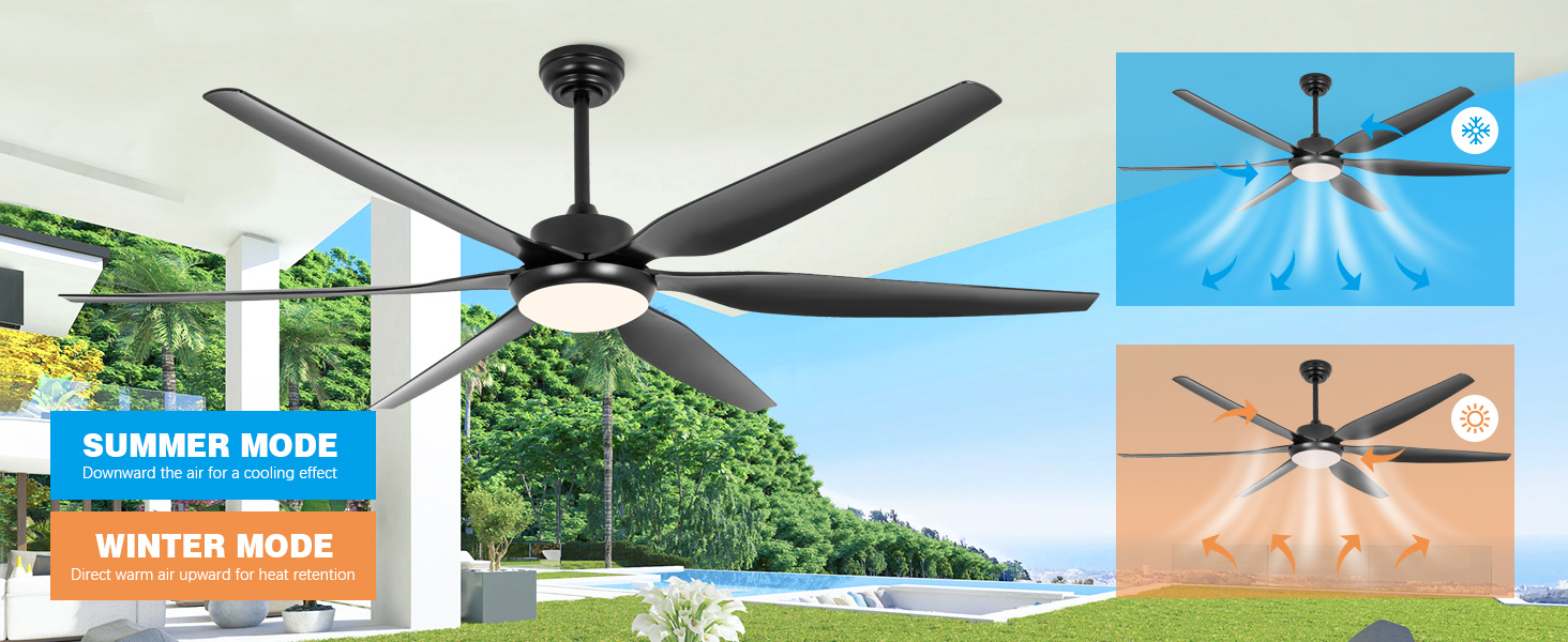 Gran ventilador de techo negro con función de circulación de aire.