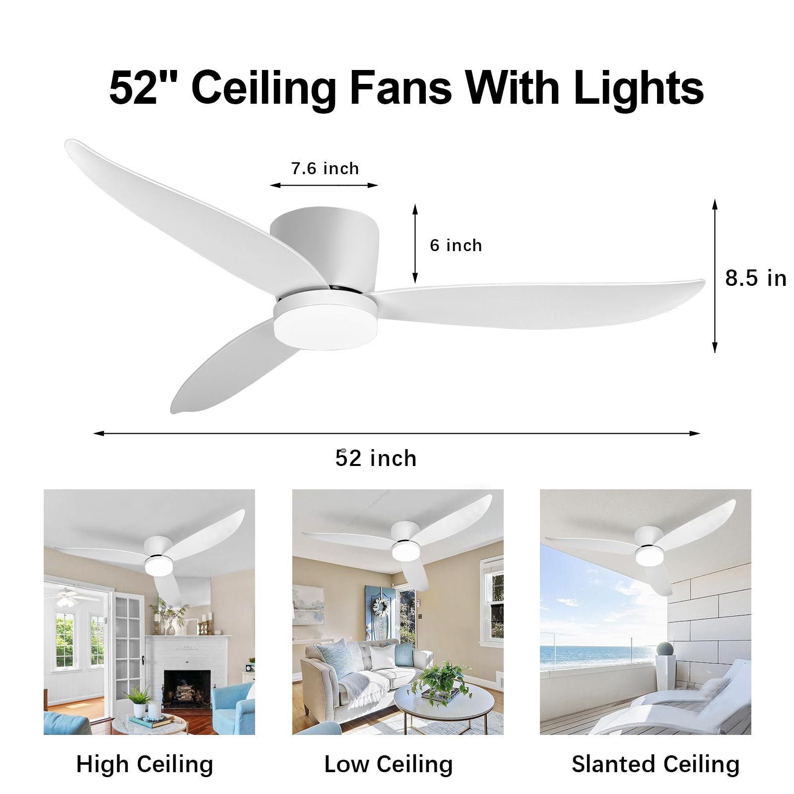 Moderno ventilador de techo blanco de perfil bajo de 52' con luz
