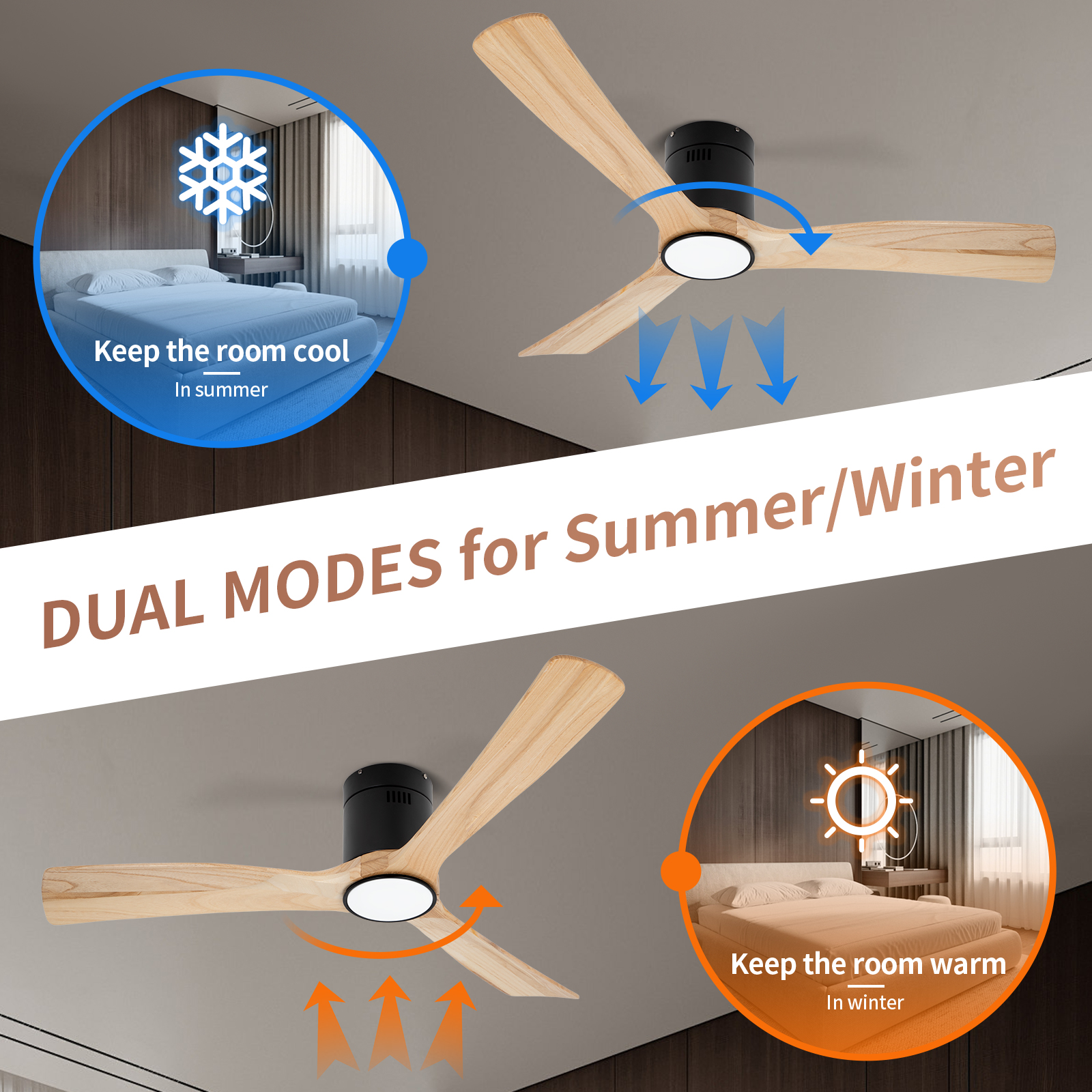 Ventiladores de techo con aspas de madera de color natural de 52 pulgadas con luces y control remoto