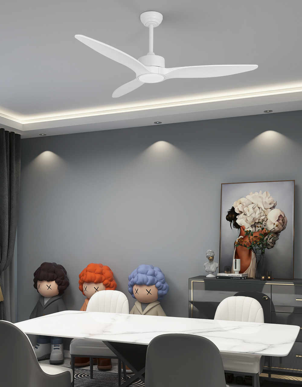 Escena de uso del comedor con luz de ventilador de techo blanca
