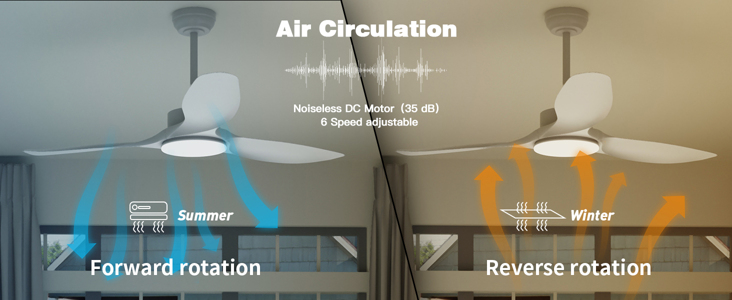 Luz del ventilador de techo circulación de aire frío y caliente.