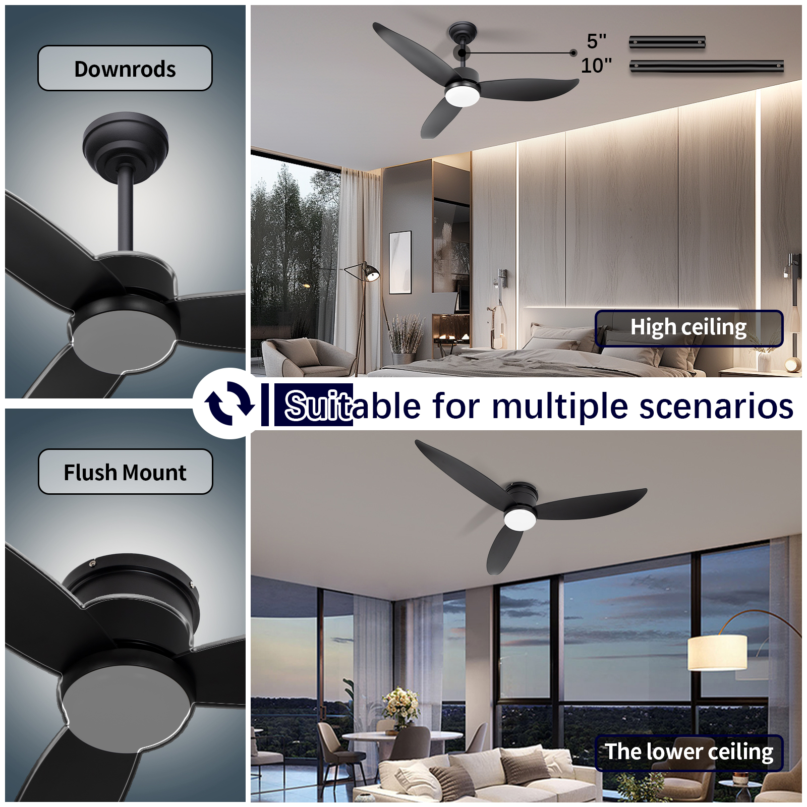 Luz de ventilador de techo retráctil de perfil bajo LED negra de 18W 3CCT
