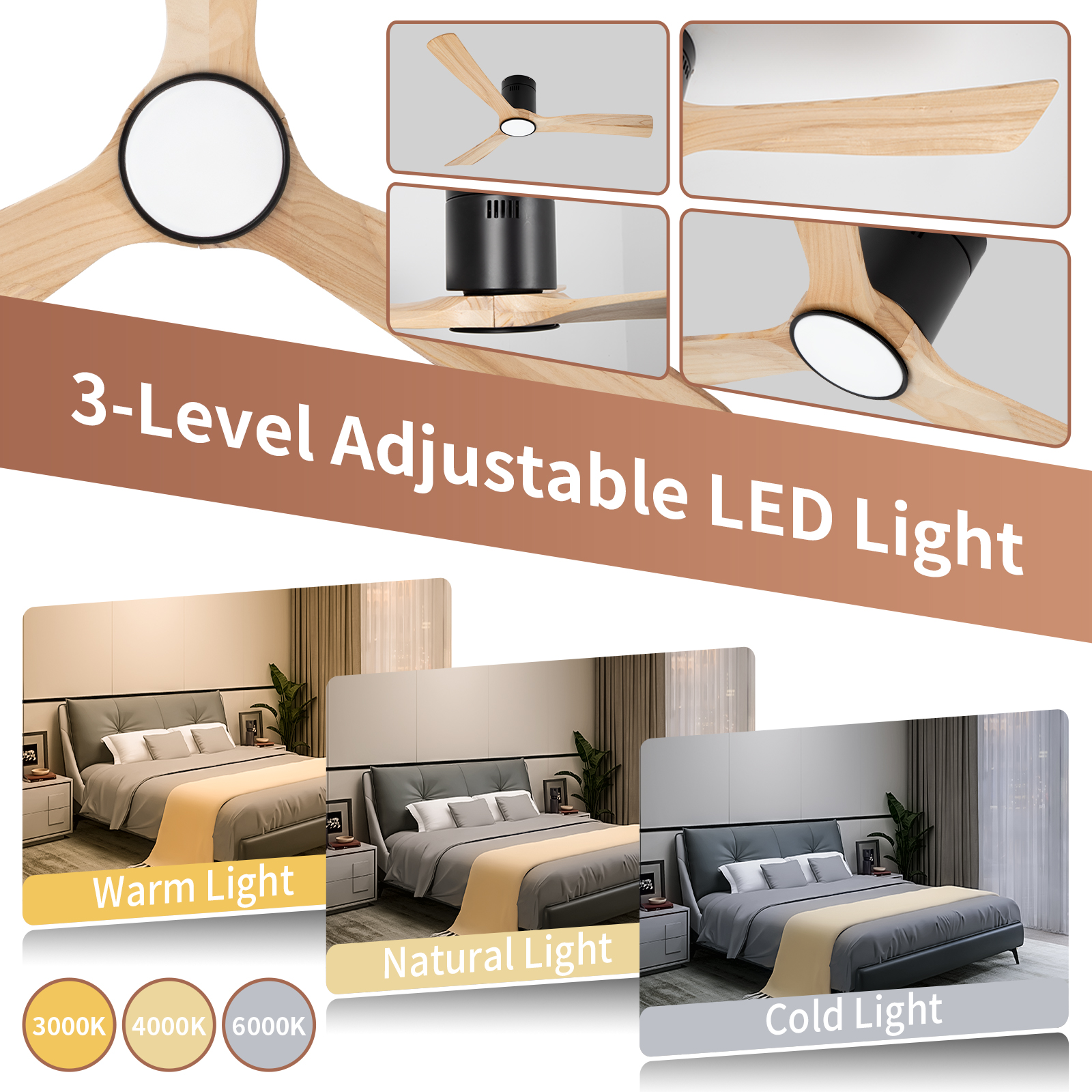 Ventiladores de techo con aspas de madera de color natural de 52 pulgadas con luces y control remoto