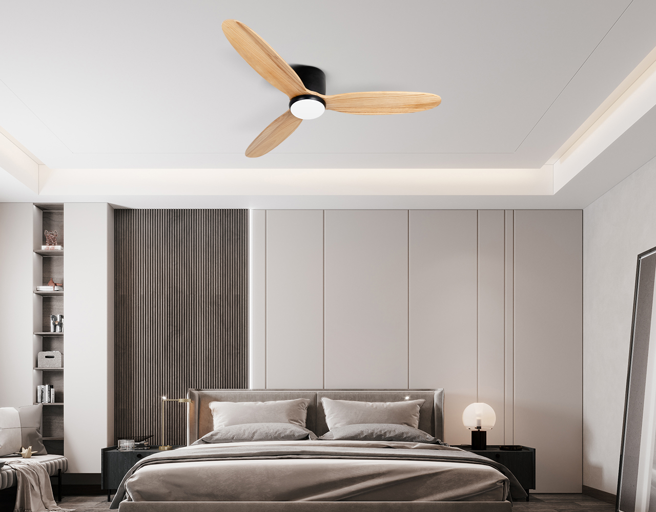 Escenario de uso de dormitorio con luz de ventilador de techo de madera