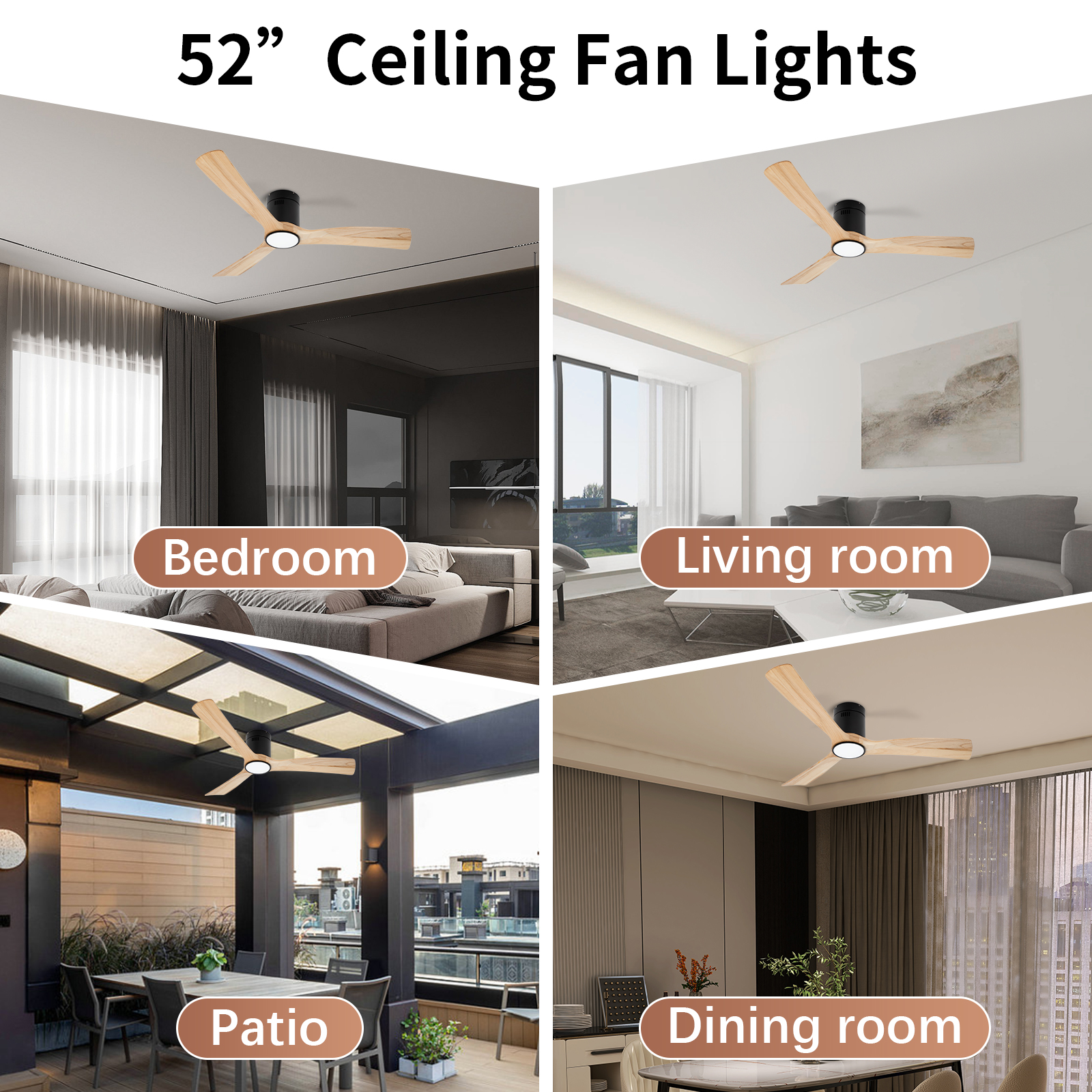 Ventiladores de techo con aspas de madera de color natural de 52 pulgadas con luces y control remoto