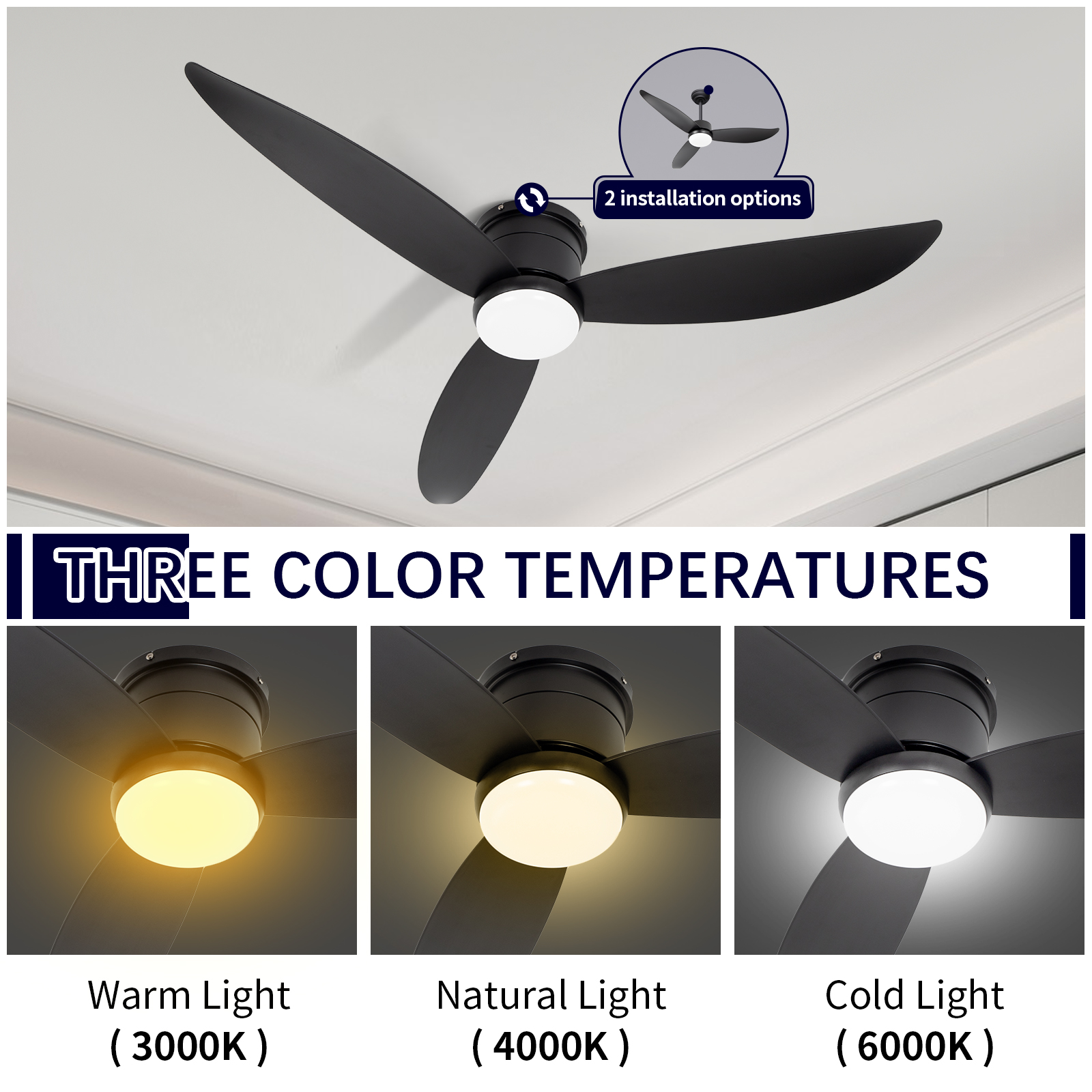Luz de ventilador de techo retráctil de perfil bajo LED negra de 18W 3CCT
