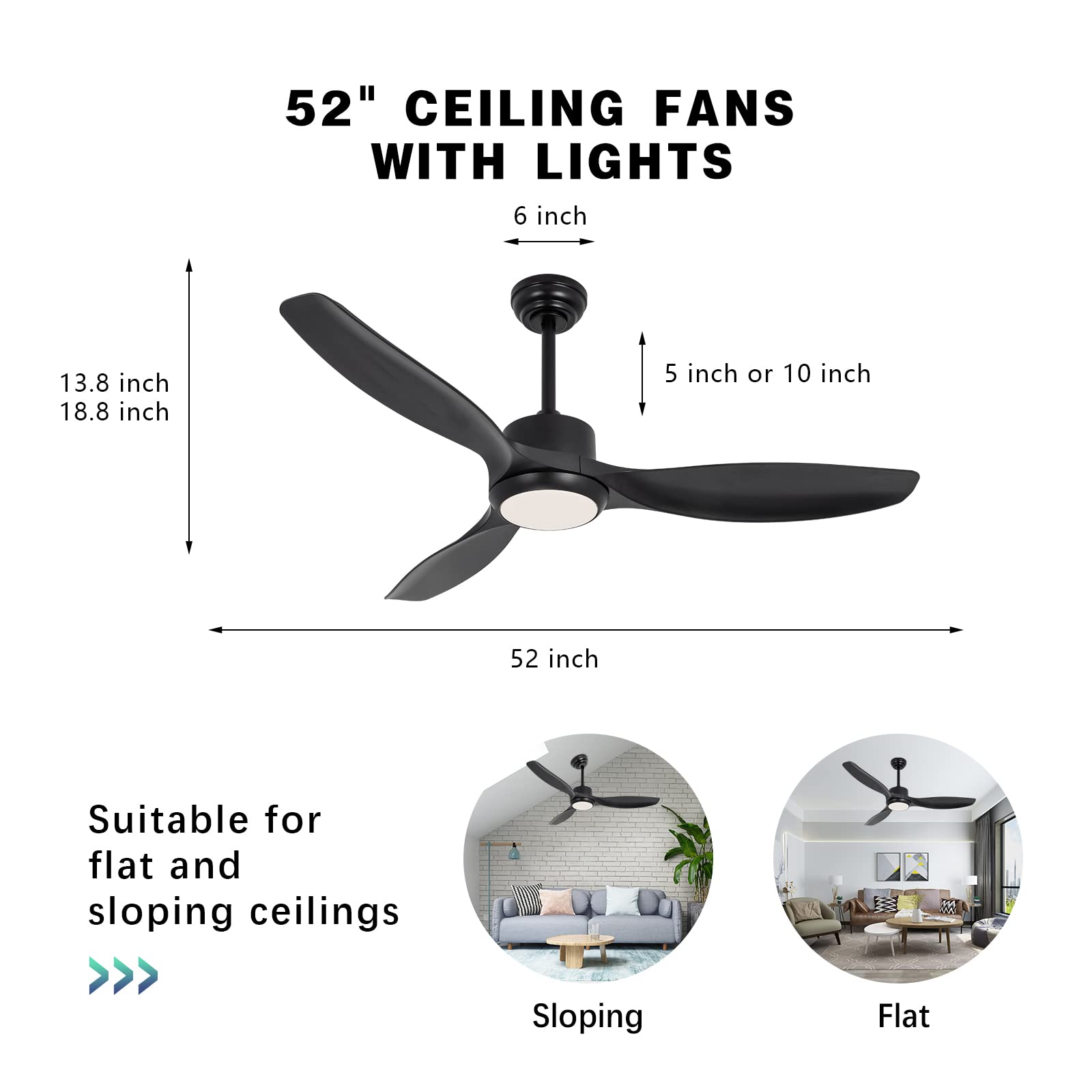 Ventilador de techo moderno con luz de 52 pulgadas negro