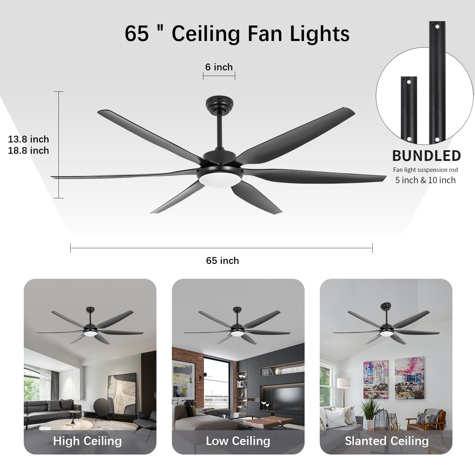 Ventilador de techo de 65 pulgadas con luces y control remoto negro