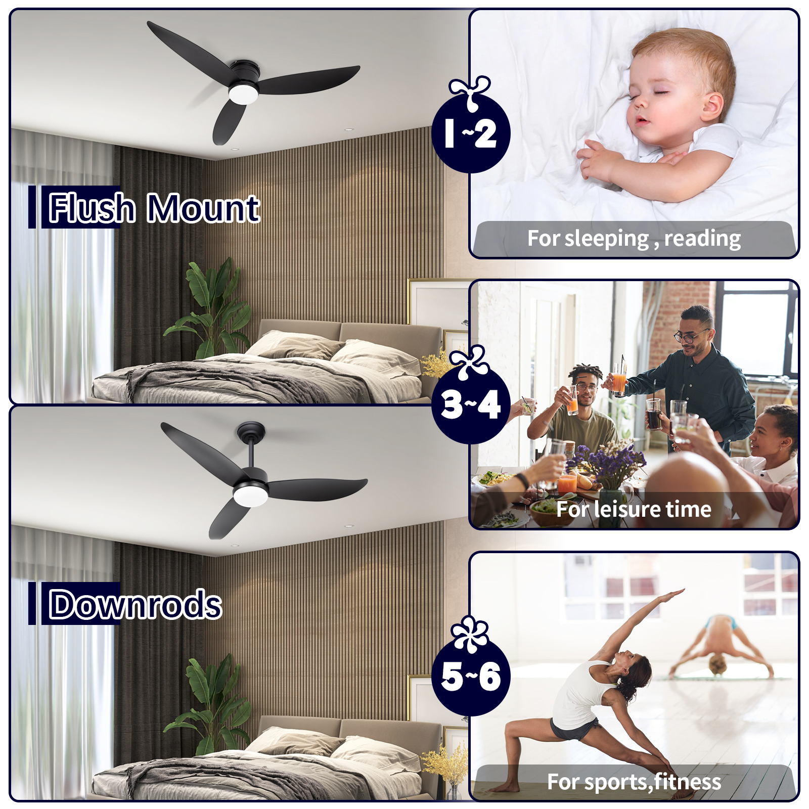 Luz de ventilador de techo retráctil de perfil bajo LED negra de 18W 3CCT