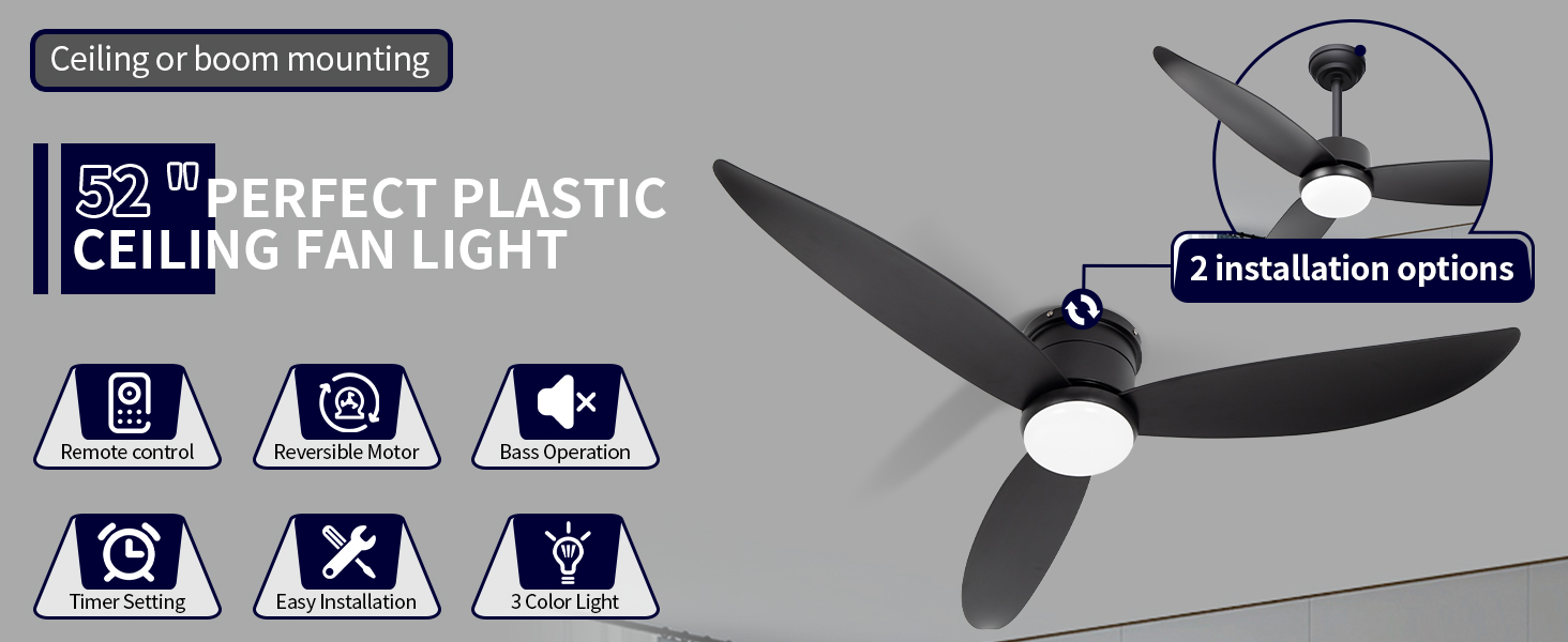 Luz de ventilador de techo de plástico perfecto de 52 pulgadas